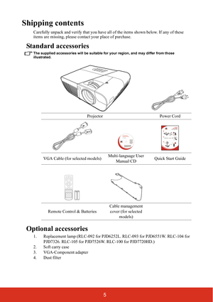 Page 105
Shipping contents
Carefully unpack and verify that you have all of the items shown below. If any of these 
items are missing, please contact your place of purchase.
Standard accessories
The supplied accessories will be suitable for your region, and may differ from those 
illustrated.
Optional accessories
1. Replacement lamp (RLC-092 for PJD6252L. RLC-093 for PJD6551W. RLC-104 for 
PJD7326. RLC-105 for PJD7526W . RLC-100 for PJD7720HD.)
2. Soft carry case
3. VGA-Component adapter
4. Dust filter...