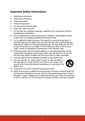 Page 3ii
Important Safety Instructions
1. Read these instructions.
2.  Keep these instructions.
3.  Heed all warnings.
4.  Follow all instructions.
5.  Do not use this unit near water.
6.  Clean with a soft, dry cloth.
7.  Do not block any ventilation openings. Install the unit in accordance wi\
th the 
manufacturer’s instructions.
8.  Do not install near any heat sources such as radiators, heat registers, \
stoves,   
or other devices (including amplifiers) that produce heat.
9.  Do not defeat the safety...