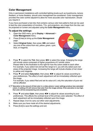 Page 4033
Color Management
Only in permanent installations with controlled lighting levels such as \
boardrooms, lecture 
theaters, or home theaters, should color management be considered. Color\
 management 
provides fine color control adjusent to allow for more accurate color reproduction, should 
you require it.
If you have purchased a test disc that contains various color test patte\
rns that can be used 
to test the color presentation of monitors, TVs, and projectors, any image from the disc can 
be...