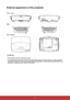 Page 125
External appearance of the projector
Front / rear
Side
Top / bottom
Warning
•	This equipment must be connected to ground.
•	 You	may	add	power	interruption	devices	in	the	fixed	wiring	or	plug	in	the	power	cable	to	a	nearby	socket	for	
convenience.	If	failures	or	errors	occur	during	equipment	operations,	use	the	power	interruption	device	to	cut	
the power or unplug the power cable from the socket.
   