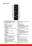 Page 147
Remote Control
To use the remote mouse cursor control 
buttons	(Page	Up,	Page	Down,	
 and ),	
please refer to “Using the remote control 
cursor” for more details.
1.  Power
Switches the projector between 
Standby and ON modes.
2.    Signal Selection button.
•  COMP
Select the signal source for the D-Sub/
Comp. display.
•  VIDEO
Select the source of the Video 
displayed.
•   HDMI/MHL
Select the source of the HDMI/MHL 
displayed.
3.    Auto Sync
Automatically verifies the best picture 
quality for the...