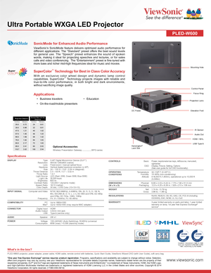 Page 2IR Sensor
DC Power
HDMI / MHL
USB Type A
Audio Out
Control Panel
Focus Ring
Mounting Hole
Projection Lens
Elevation Foot
Kensington®  Lock Slot
Specifications
*One year free Express Exchange® service requires product registration. Programs, specifications and availability are subject to change without notice. Selection, offers and programs may vary by country; see your ViewSonic representative for complete details.Corporate names, trademarks stated herein are the property of their respective companies,...