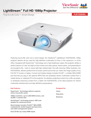 Page 1 
LightStream™ Full HD 1080p Projector
PJD7830HDLTrue-to-Life Color + Smart Design
Featuring true-to-life color and a smart design, the ViewSonic® LightStream PJD7830HDL 1080p 
projector  delivers  all  you  need  for  high-definition  multimedia  at  home,  in  the  classroom,  or  at  the 
office. Equipped with SuperColor™ technology and a high-brightness output, this projector strikes a 
perfect balance of color and light so that movies and video games, lesson plans, and presentations 
are brought to...