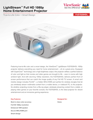 Page 1LightStream™ Full HD 1080p  
Home Entertainment Projector
PJD7828HDLTrue-to-Life Color + Smart Design
Featuring true-to-life color and a smart design, the ViewSonic® LightStream PJD7828HDL 1080p 
projector delivers everything you need for home entertainment – all at a great price. Equipped 
with SuperColor™ technology and a high-brightness output, this projector strikes a perfect balance 
of color and light so that movies and video games are brought to life – even in rooms with high 
ambient light. And...