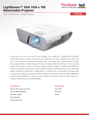 Page 1LightStream™ XGA 1024 x 768  
Networkable Projector
PJD6250LTrue-to-Life Color + Smart Design
Featuring true-to-life color and a smart design, the ViewSonic® LightStream PJD6250L 
networkable projector makes the grade in any classroom, and helps corporate users rise to the 
top in any boardroom. Equipped with SuperColor™ technology and a high-brightness output, 
this projector strikes a perfect balance of color and light to deliver the ultimate in color accuracy 
without compromise. A smart and intuitive...