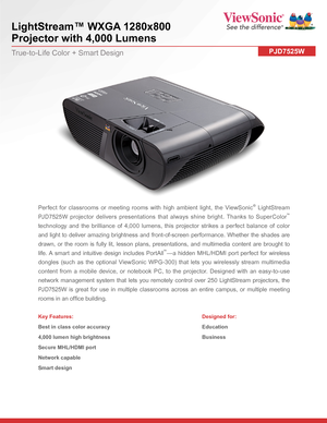 Page 1LightStream™ WXGA 1280x800  
Projector with 4,000 Lumens
PJD7525WTrue-to-Life Color + Smart Design
Perfect for classrooms or meeting rooms with high ambient light, the ViewSonic® LightStream 
PJD7525W projector delivers presentations that always shine bright. Thanks to SuperColor™ 
technology and the brilliance of 4,000 lumens, this projector strikes a perfect balance of color 
and light to deliver amazing brightness and front-of-screen performance. Whether the shades are 
drawn, or the room is fully...