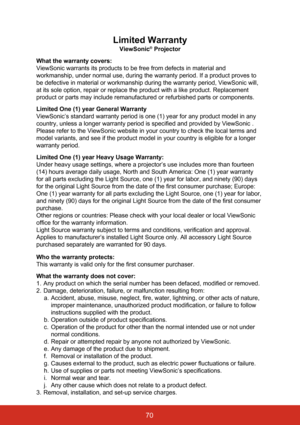 Page 77Limited Warranty
ViewSonic® Projector
What the warranty covers: 
ViewSonic warrants its products to be free from defects in material and \
workmanship, under normal use, during the warranty period. If a product \
proves to 
be defective in material or workmanship during the warranty period, View\
Sonic will, 
at its sole option, repair or replace the product with a like product. R\
eplacement 
product or parts may include remanufactured or refurbished parts or comp\
onents. 
Limited	One	(1)	year	General...