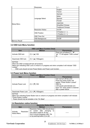 Page 28
  
ViewSonic Corporation
  Confidential - Do Not Copy  VA703b-3_VA703m-3 
  
Sharpness + / - 
English 
French 
German 
Italian 
Spanish 
Finnish 
Japanese 
Simplified Chinese 
Language Select 
Traditional Chinese 
Resolution Notice  On/Off 
H Position (+ / -) OSD Position 
V Position (+ / -) 
OSD Time Out   
Setup Menu 
OSD Background On/Off 
Memory Recall     
 
3.2 OSD lock Menu function 
 
                          OSD Lock Menu Function Check 
Item Method Phenomenon 
Activate OSD lock  [1] + [ ▲]...