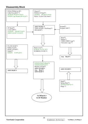 Page 33
 30 
ViewSonic Corporation
  Confidential - Do Not Copy  VA703b-3_VA703m-3 
Disassembly Block 
 
 
 
 
 
 
 
 
 
 
 
 
 
 
 
 
 
 
 
 
 
   
 
 
 
 
 
 
 
 
 
 
 
 
PCBA PWR& Inv/B*1 
Cable Power&I/F *1 
(SCREW PW,M3*5,Ni)*3   
SCREW ,Spr/Washer,M3*6,Zn*1
Keypad*1 
Keypad Cable*1 
 ASSY PANEL*1  
TAPE,ACE(PC=10x45mm)*1 
SPEAKER*1  
 
Chassis*1 
INNOLUX Panel*1 
(SCREW  PW,M3*5,Ni)*4  
Mylar,
 22x20x12X0.3mm*1 
 
SCREW,P,M4*6,Black*4 
SCREW,P,M4*8,Zn*2 
HIGNE COVER*1 
ASSY STAND*1 
Assy  Bezel*1 
ASSY...
