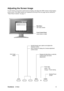 Page 13ViewSonicQ19wb 9
Adjusting the Screen Image
Use the buttons on the front control panel to display and adjust the OSD controls which display 
on the screen. The OSD controls are explained at the top of the next page and are defined in 
“Main Menu Controls” on page 11.
Main Menu
with OSD controls
Front Control Panel
shown below in detail
Scrolls through menu options and adjusts the 
displayed control.
Also a shortcut to display the Contrast adjustment 
control screen.
Power light
Green = ON
Orange = Power...