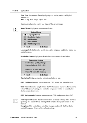 Page 15ViewSonicVA1703w/VA1703wb 13
Control Explanation
Fine Tune sharpens the focus by aligning text and/or graphics with pixel 
boundaries.
NOTE: Try Auto Image Adjust first.
Sharpness adjusts the clarity and focus of the screen image.
Setup Menu displays the menu shown below:
Language Select allows the user to choose the language used in the menus and 
control screens.
Resolution Notice displays the Resolution Notice menu shown below.
Resolution Notice advises the optimal resolution to use.
OSD Position...