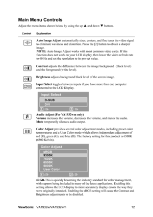 Page 14ViewSonicVA1932w/VA1932wm 12
Main Menu Controls
Adjust the menu items shown below by using the up S and down T buttons.
Control Explanation
Auto Image Adjust automatically sizes, centers, and fine tunes the video signal 
to eliminate waviness and distortion. Press the [2] button to obtain a sharper 
image.
NOTE: Auto Image Adjust works with most common video cards. If this 
function does not work on your LCD display, then lower the video refresh rate 
to 60 Hz and set the resolution to its pre-set...