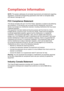 Page 2i
Compliance Information
NOTE: This section addresses all connected requirements and statements regarding 
regulations. Confirmed corresponding applications shall refer to nameplate labels 
and relevant markings on unit.
FCC Compliance Statement
This device complies with part 15 of FCC Rules. Operation is subject to the following 
two conditions: (1) this device may not cause harmful interference, and (2) this 
device must accept any interference received, including interference that may cause 
undesired...