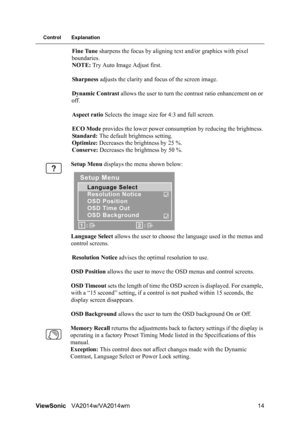 Page 16
ViewSonicVA2014w/VA2014wm 14
Control Explanation
Fine Tune sharpens the focus by aligning te xt and/or graphics with pixel 
boundaries. NOTE:  Try Auto Image Adjust first.
Sharpness  adjusts the clarity and focus of the screen image.
Dynamic Contrast  allows the user to turn the  contrast ratio enhancement on or 
off.
Aspect ratio  Selects the image size for 4:3 and full screen.
ECO Mode  provides the lower power consum ption by reducing the brightness. 
Standard:  The default brightness setting....