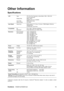 Page 18ViewSonicVA2231w/VA2231wm 15
Other Information
Specifications
1 Macintosh computers older than G3 require a ViewSonic® Macintosh adapter. To order an adapter, contact
ViewSonic.LCDTy p e
Display Size
Color Filter
Glass SurfaceTFT (Thin Film Transistor), Active Matrix 1920 x 1080 LCD,
0.25 mm pixel pitch
Metric: 55cm
Imperial: 22” (21.5” viewable)
RGB vertical stripe
Anti-Glare
Input SignalVideo Sync RGB analog (0.7/1.0 Vp-p, 75 ohms) / TMDS Digital (100ohms)
Separate Sync
f
h:24-82 kHz, fv:50-75 Hz...