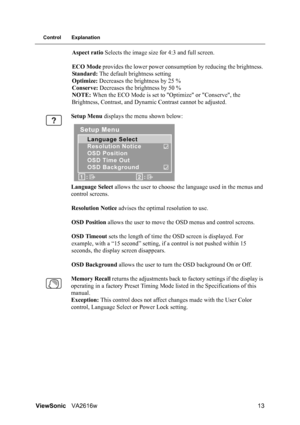 Page 16ViewSonicVA2616w 13
Control Explanation
Aspect ratio Selects the image size for 4:3 and full screen.
ECO Mode provides the lower power consumption by reducing the brightness. 
Standard: The default brightness setting 
Optimize: Decreases the brightness by 25 % 
Conserve: Decreases the brightness by 50 %
NOTE: When the ECO Mode is set to Optimize or Conserve, the 
Brightness, Contrast, and Dynamic Contrast cannot be adjusted.
Setup Menu displays the menu shown below:
Language Select allows the user to...