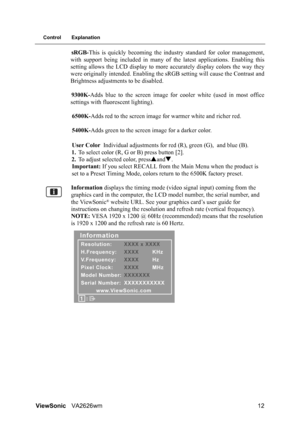 Page 15ViewSonicVA2626wm 12
Control Explanation
sRGB-This is quickly becoming the industry standard for color management,
with support being included in many of the latest applications. Enabling this
setting allows the LCD display to more accurately display colors the way they
were originally intended. Enabling the sRGB setting will cause the Contrast and
Brightness adjustments to be disabled.
9300K-Adds blue to the screen image for cooler white (used in most office
settings with fluorescent lighting)....