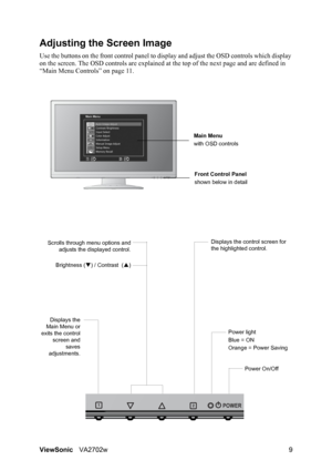 Page 11ViewSonicVA2702w 9
Adjusting the Screen Image
Use the buttons on the front control panel to display and adjust the OSD controls which display 
on the screen. The OSD controls are explained at the top of the next page and are defined in 
“Main Menu Controls” on page 11.
Main Menu
with OSD controls
Front Control Panel
shown below in detail
Scrolls through menu options and
adjusts the displayed control.
Brightness (T) / Contrast  (S)Displays the control screen for 
the highlighted control.
Power light
Blue...
