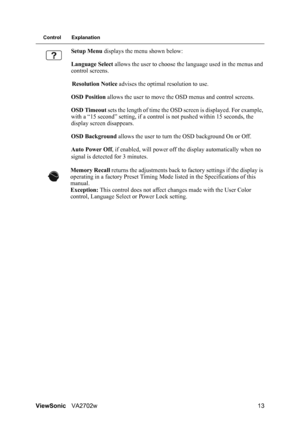 Page 15ViewSonicVA2702w 13
Control Explanation
Setup Menu displays the menu shown below:
Language Select allows the user to choose the language used in the menus and 
control screens.
Resolution Notice advises the optimal resolution to use.
OSD Position allows the user to move the OSD menus and control screens.
OSD Timeout sets the length of time the OSD screen is displayed. For example, 
with a “15 second” setting, if a control is not pushed within 15 seconds, the 
display screen disappears.
OSD Background...