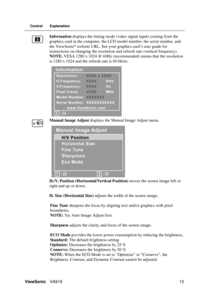 Page 15ViewSonicVA916 12
Control Explanation
Information displays the timing mode (video signal input) coming from the 
graphics card in the computer, the LCD model number, the serial number, and 
the ViewSonic
® website URL. See your graphics card’s user guide for 
instructions on changing the resolution and refresh rate (vertical frequency).
NOTE: VESA 1280 x 1024 @ 60Hz (recommended) means that the resolution 
is 1280 x 1024 and the refresh rate is 60 Hertz.
Manual Image Adjust displays the Manual Image...