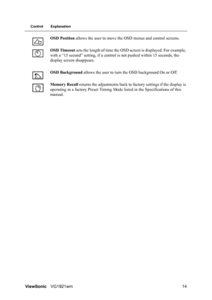 Page 17ViewSonicVG1921wm 14
Control Explanation
OSD Position allows the user to move the OSD menus and control screens.
OSD Timeout sets the length of time the OSD screen is displayed. For example, 
with a “15 second” setting, if a control is not pushed within 15 seconds, the 
display screen disappears.
OSD Background allows the user to turn the OSD background On or Off.
Memory Recall returns the adjustments back to factory settings if the display is 
operating in a factory Preset Timing Mode listed in the...