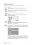 Page 14ViewSonicVG1930wm 11
Main Menu Controls
Adjust the menu items shown below by using the up S and down T buttons.
Control Explanation
Auto Image Adjust sizes and centers the screen image automatically.
Contrast adjusts the difference between the image background (black level) 
and the foreground (white level).
Brightness adjusts background black level of the screen image.
Input Select toggles between inputs if you have more than one computer 
connected to the VG1930wm.
Audio Adjust
Vo l u m e increases the...