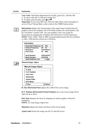 Page 16ViewSonicVG2030wm 13
Control Explanation
User Color Individual adjustments for red (R), green (G), and blue (B).
1.To select color (R, G or B) press button [2].
2.To adjust selected color, pressSandT.
Important: If you select RECALL from the Main Menu when the product is 
set to a Preset Timing Mode, colors return to the 6500K factory preset.
Information displays the timing mode (video signal input) coming from the 
graphics card in the computer, the LCD model number, the serial number, and 
the...