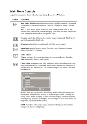 Page 1512
Main Menu Controls
Adjust the menu items shown below by using the up S and down T buttons.
Control Explanation
Auto Image Adjust automatically sizes, centers, and fine tunes the video signal 
to eliminate waviness and distortion. Press the [2] button to obtain a sharper 
image.
NOTE:Auto Image Adjust works with most common video cards. If this 
function does not work on your LCD display, then lower the video refresh rate 
to 60 Hz and set the resolution to its pre-set value.
Contrast adjusts the...