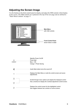 Page 12ViewSonicVG2230wm 9
Adjusting the Screen Image
Use the buttons on the front control panel to display and adjust the OSD controls which display 
on the screen. The OSD controls are explained at the top of the next page and are defined in 
“Main Menu Controls” on page 11.
Main Menu
with OSD controls
Front Control Panel
shown below in detail
Scrolls through menu options and adjusts the displayed control.
Also a shortcut to display the Contrast adjustment control screen. Power light
Blue = ON
Orange = Power...