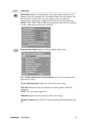 Page 15ViewSonicVG2728wm 13
Control Explanation
Information displays the timing mode (video signal input) coming from the 
graphics card in the computer, the LCD model number, the serial number, and 
the ViewSonic
® website URL. See your graphics card’s user guide for 
instructions on changing the resolution and refresh rate (vertical frequency).
NOTE: VESA 1920 x 1080 @ 60Hz (recommended) means that the resolution 
is 1920 x 1080 and the refresh rate is 60 Hertz.
Manual Image Adjust displays the Manual Image...