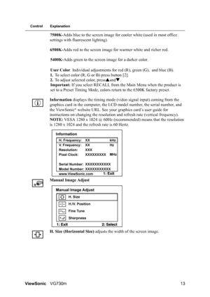 Page 16
ViewSonicVG730m 13
Control Explanation
7500K-Adds blue to the screen image for cooler white (used in most office 
settings with fluorescent lighting).
6500K- Adds red to the screen image for warmer white and richer red.
5400K- Adds green to the screen image for a darker color.
User Color  Individual adjustments for red (R), green (G),  and blue (B).
1. To select color (R, G or B) press button [2].
2. To adjust selected color, press Sand T.
Important:  If you select RECALL from the Main Menu when the...