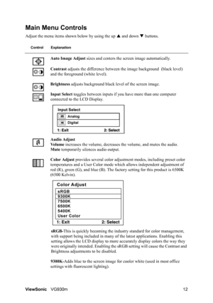 Page 15ViewSonicVG930m 12
Main Menu Controls
Adjust the menu items shown below by using the up S and down T buttons.
Control Explanation
Auto Image Adjust sizes and centers the screen image automatically.
Contrast adjusts the difference between the image background (black level) 
and the foreground (white level).
Brightness adjusts background black level of the screen image.
Input Select toggles between inputs if you have more than one computer 
connected to the LCD Display.
Audio Adjust
Vo l u m e increases...