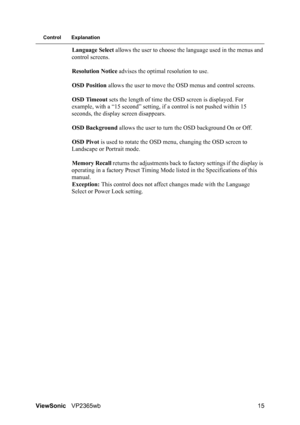 Page 18ViewSonicVP2365wb 15
Control Explanation
Language Select allows the user to choose the language used in the menus and 
control screens.
Resolution Notice advises the optimal resolution to use.
OSD Position allows the user to move the OSD menus and control screens.
OSD Timeout sets the length of time the OSD screen is displayed. For 
example, with a “15 second” setting, if a control is not pushed within 15 
seconds, the display screen disappears.
OSD Background allows the user to turn the OSD background...