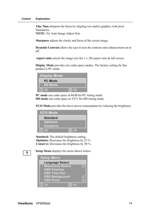 Page 17ViewSonicVP2650wb 14
Control Explanation
Fine Tune sharpens the focus by aligning text and/or graphics with pixel 
boundaries.
NOTE: Try Auto Image Adjust first.
Sharpness adjusts the clarity and focus of the screen image.
Dynamic Contrast allows the user to turn the contrast ratio enhancement on or 
off.
Aspect ratio selects the image size for 1:1, fill aspect ratio & full screen.
Display Mode provides two color space modes. The factory setting for this 
product is PC mode. 
PC mode sets color space to...