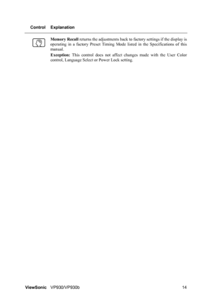 Page 17ViewSonicVP930/VP930b 14 Control Explanation
Memory Recall returns the adjustments back to factory settings if the display is
operating in a factory Preset Timing Mode listed in the Specifications of this
manual.
Exception: This control does not affect changes made with the User Color
control, Language Select or Power Lock setting.
 