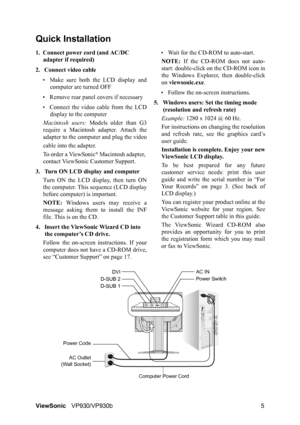 Page 8ViewSonicVP930/VP930b 5
Quick Installation
1. Connect power cord (and AC/DC 
adapter if required)
2. Connect video cable
• Make sure both the LCD display and
computer are turned OFF
• Remove rear panel covers if necessary
• Connect the video cable from the LCD
display to the computer
Macintosh users: Models older than G3
require a Macintosh adapter. Attach the
adapter to the computer and plug the video
cable into the adapter.
To order a ViewSonic
® Macintosh adapter, 
contact ViewSonic Customer Support....