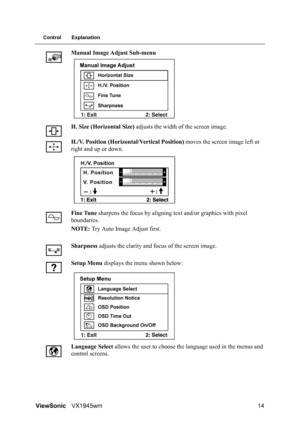 Page 16ViewSonicVX1945wm 14
Control Explanation
Manual Image Adjust Sub-menu
H. Size (Horizontal Size) adjusts the width of the screen image.
H./V. Position (Horizontal/Vertical Position) moves the screen image left or 
right and up or down.
Fine Tune sharpens the focus by aligning text and/or graphics with pixel 
boundaries.
NOTE: Try Auto Image Adjust first.
Sharpness adjusts the clarity and focus of the screen image.
Setup Menu displays the menu shown below:
Language Select allows the user to choose the...
