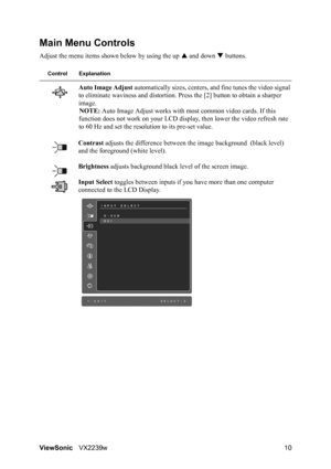 Page 12ViewSonicVX2239w 10
Main Menu Controls
Adjust the menu items shown below by using the up S and down T buttons.
Control Explanation
Auto Image Adjust automatically sizes, centers, and fine tunes the video signal 
to eliminate waviness and distortion. Press the [2] button to obtain a sharper 
image.
NOTE: Auto Image Adjust works with most common video cards. If this 
function does not work on your LCD display, then lower the video refresh rate 
to 60 Hz and set the resolution to its pre-set value.
Contrast...