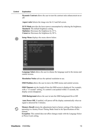 Page 15ViewSonicVX2239w 13
Control Explanation
Dynamic Contrast allows the user to turn the contrast ratio enhancement on or 
off.
Aspect ratio Selects the image size for 4:3 and full screen.
ECO Mode provides the lower power consumption by reducing the brightness. 
Standard: The default brightness setting.
Optimize: Decreases the brightness by 25 %.
Conserve: Decreases the brightness by 50 %.
Setup Menu displays the menu shown below:
Language Select allows the user to choose the language used in the menus and...