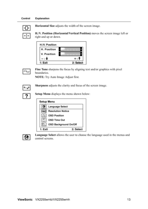 Page 15ViewSonicVX2255wmb/VX2255wmh 13
Control Explanation
Horizontal Size adjusts the width of the screen image.
H./V. Position (Horizontal/Vertical Position) moves the screen image left or 
right and up or down.
Fine Tune sharpens the focus by aligning text and/or graphics with pixel 
boundaries.
NOTE: Try Auto Image Adjust first.
Sharpness adjusts the clarity and focus of the screen image.
Setup Menu displays the menu shown below:
Language Select allows the user to choose the language used in the menus and...