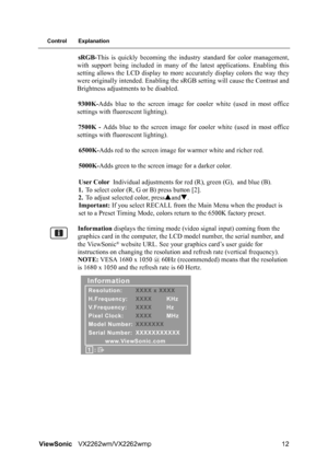 Page 14ViewSonicVX2262wm/VX2262wmp 12
Control Explanation
sRGB-This is quickly becoming the industry standard for color management,
with support being included in many of the latest applications. Enabling this
setting allows the LCD display to more accurately display colors the way they
were originally intended. Enabling the sRGB setting will cause the Contrast and
Brightness adjustments to be disabled.
9300K-Adds blue to the screen image for cooler white (used in most office
settings with fluorescent...