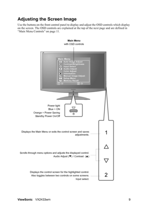 Page 11
ViewSonicVX2433wm 9
Adjusting the Screen Image
Use the buttons on the front control panel to di splay and adjust the OSD controls which display 
on the screen. The OSD controls are explained at  the top of the next page and are defined in 
“Main Menu Controls” on page 11.
Main Menu
with OSD controls
Scrolls through menu options and adjusts the displayed control. Audio Adjust (T) / Contrast  ( S)
Displays the control screen for the highlighted control. Also toggles between two controls on some screens....