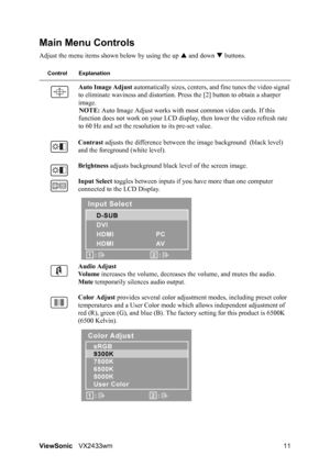 Page 13
ViewSonicVX2433wm 11
Main Menu Controls
Adjust the menu items shown below by using the up  S and down  T buttons.
Control Explanation
Auto Image Adjust  automatically sizes, centers, a nd fine tunes the video signal 
to eliminate waviness and distortion. Pr ess the [2] button to obtain a sharper 
image.
NOTE:  Auto Image Adjust works with most common video cards. If this 
function does not work on your LCD display,  then lower the video refresh rate 
to 60 Hz and set the resolution to its pre-set...