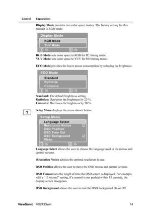 Page 16
ViewSonicVX2433wm 14
Control Explanation
Display Mode provides two color space modes. The factory setting for this 
product is RGB mode.
RGB Mode  sets color space to RGB for PC timing mode.
YUV Mode  sets color space to YUV for HD timing mode.
ECO Mode  provides the lower power consum ption by reducing the brightness. 
Standard:  The default br ightness setting.
Optimize:  Decreases the brightness by 25 %.
Conserve:  Decreases the brightness by 50 %.
Setup Menu  displays the menu shown below:
Language...