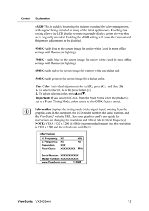 Page 14ViewSonicVX2435wm 12
Control Explanation
sRGB-This is quickly becoming the industry standard for color management, 
with support being included in many of the latest applications. Enabling this 
setting allows the LCD display to more accurately display colors the way they 
were originally intended. Enabling the sRGB setting will cause the Contrast and 
Brightness adjustments to be disabled.
9300K-Adds blue to the screen image for cooler white (used in most office 
settings with fluorescent lighting)....