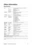 Page 17ViewSonicVX2451mh/VX2451mhp-LED 15
Other Information
Specifications
1 Macintosh computers older than G3 require a ViewSonic® Macintosh adapter. To order an adapter, contact
ViewSonic.LCDTy p e
Display Size
Color Filter
Glass SurfaceTFT (Thin Film Transistor), Active Matrix 1920 x 1080 LCD,
0.2715 mm pixel pitch
Metric: 60 cm
Imperial: 24” (23.6” viewable)
RGB vertical stripe
Anti-Glare
Input SignalVideo Sync RGB analog (0.7/1.0 Vp-p, 75 ohms)
HDMI / DVI (TMDS digital, 100ohms)
Separate Sync
f
h:24-83...