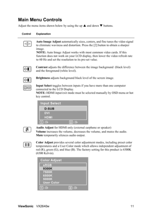 Page 14ViewSonicVX2640w 11
Main Menu Controls
Adjust the menu items shown below by using the up  S and down  T buttons.
Control Explanation
Auto Image Adjust  automatically sizes, centers, a nd fine tunes the video signal 
to eliminate waviness and distortion. Pr ess the [2] button to obtain a sharper 
image. NOTE: Auto Image Adjust works with most common video cards. If this 
function does not work on your LCD display, then lower the video refresh rate 
to 60 Hz and set the resolution to its pre-set value....