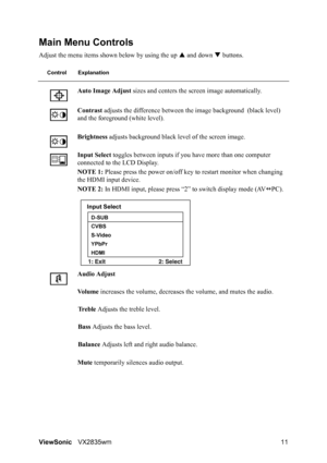 Page 14ViewSonicVX2835wm 11
Main Menu Controls
Adjust the menu items shown below by using the up S and down T buttons.
Control Explanation
Auto Image Adjust sizes and centers the screen image automatically.
Contrast adjusts the difference between the image background (black level) 
and the foreground (white level).
Brightness adjusts background black level of the screen image.
Input Select toggles between inputs if you have more than one computer 
connected to the LCD Display.
NOTE 1: Please press the power...