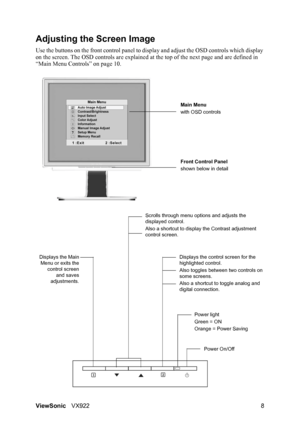Page 12ViewSonicVX922 8
Adjusting the Screen Image
Use the buttons on the front control panel to display and adjust the OSD controls which display 
on the screen. The OSD controls are explained at the top of the next page and are defined in 
“Main Menu Controls” on page 10.
Main Menu
with OSD controls
Front Control Panel
shown below in detail
Scrolls through menu options and adjusts the 
displayed control.
Also a shortcut to display the Contrast adjustment 
control screen.
Displays the control screen for the...