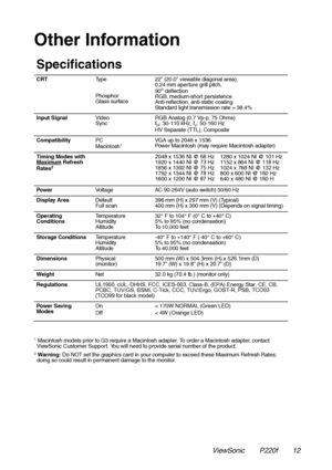 Page 13Other Information
1Macintosh models prior to G3 require a Macintosh adapter. To order a Macintosh adapter, contact
ViewSonic Customer Support. You will need to provide serial number of the product.
2Warning: Do NOT set the graphics card in your computer to exceed these Maximum Refresh Rates;
doing so could result in permanent damage to the monitor.
Specifications
CRT Type
Phosphor
Glass surface 22” (20.0” viewable diagonal area),
0.24 mm aperture grill pitch,
90
odeflection
RGB, medium-short persistence...